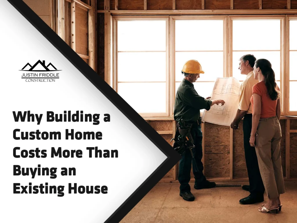 Three people in a half-built room study blueprints with a construction worker in a yellow helmet; construction logo in the left panel.